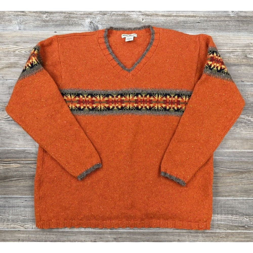 Vintage Eddie Bauer Orange Wool Fair Isle V-Neck Sweater Men's M Rustic USA